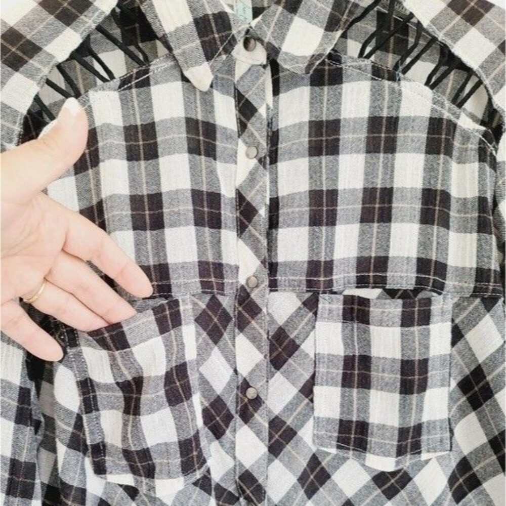 Free People Medium Buffalo Check Button Front Casual Long Sleeve Shirt - Picture 5 of 8